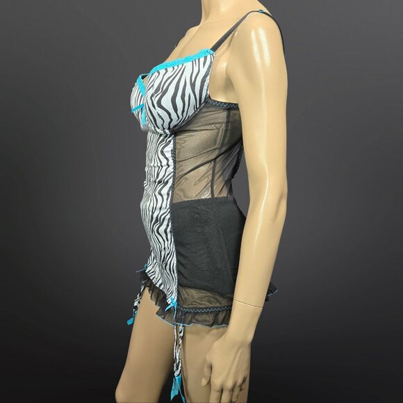 Y2K Zebra Print Lingerie slip Mini Dress With Garters 36C L Trashy Mcbling - Picture 4 of 11